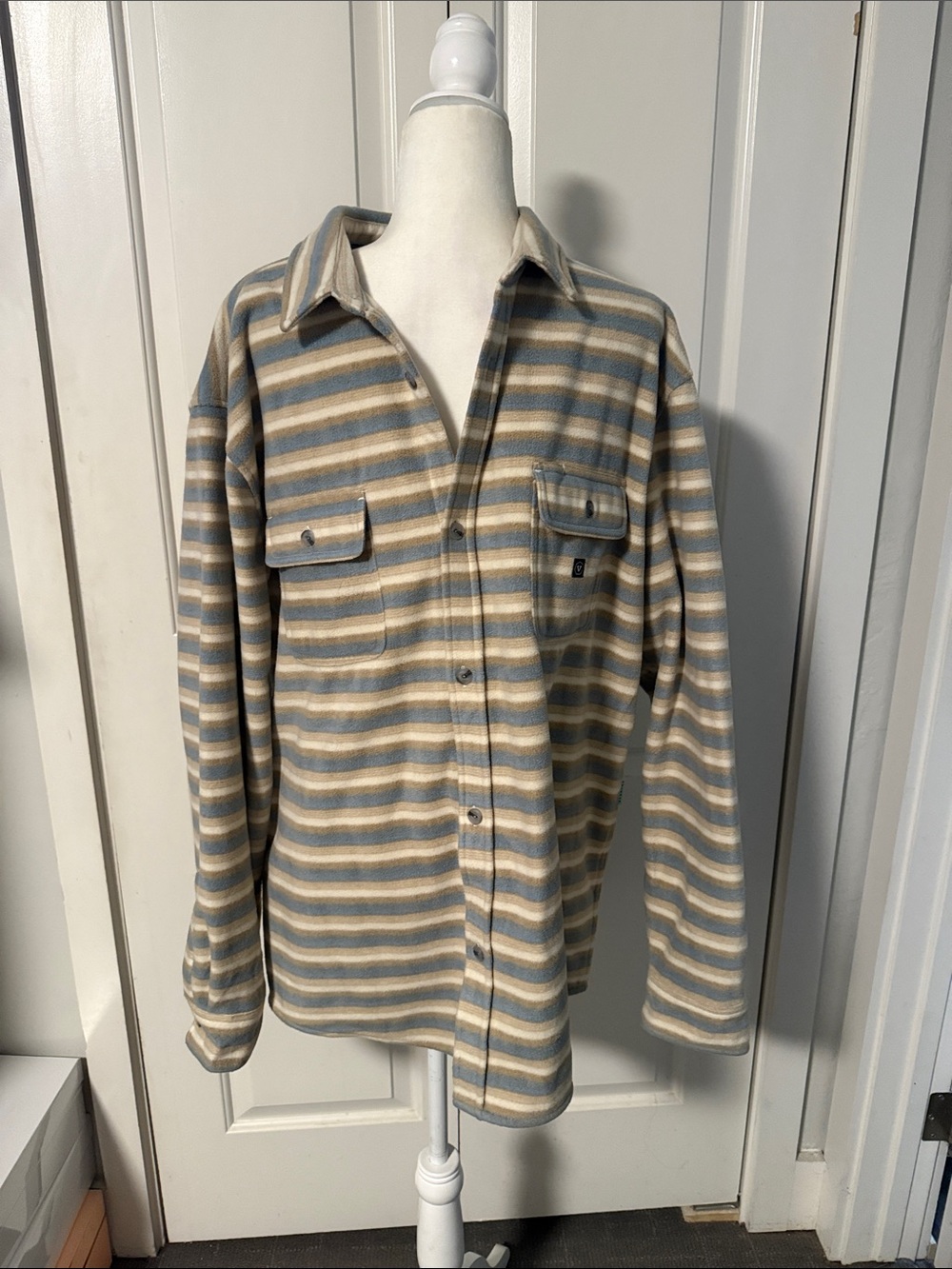 VISSLA Striped Button-Down Shirt Jacket in Blue and Beige